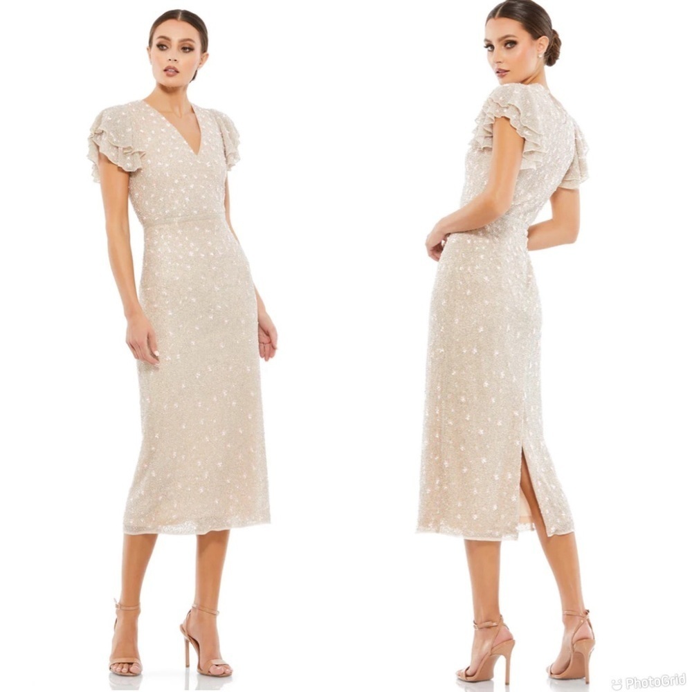 Mac Duggal Embellished Ruffle Cap Sleeve Midi Dress